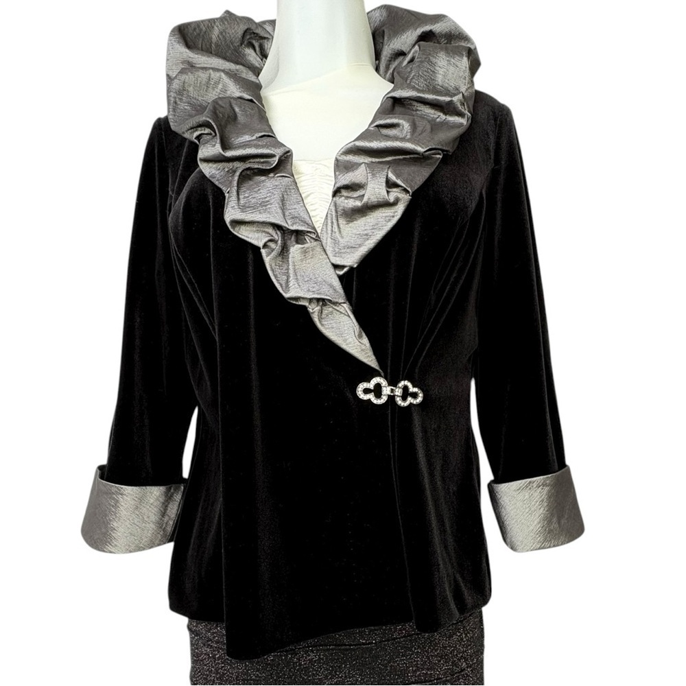 Whimsigoth  Velvet Jacket MP Rhinestone Clasp, Metallic Ruffle Fairy Grunge 90s
